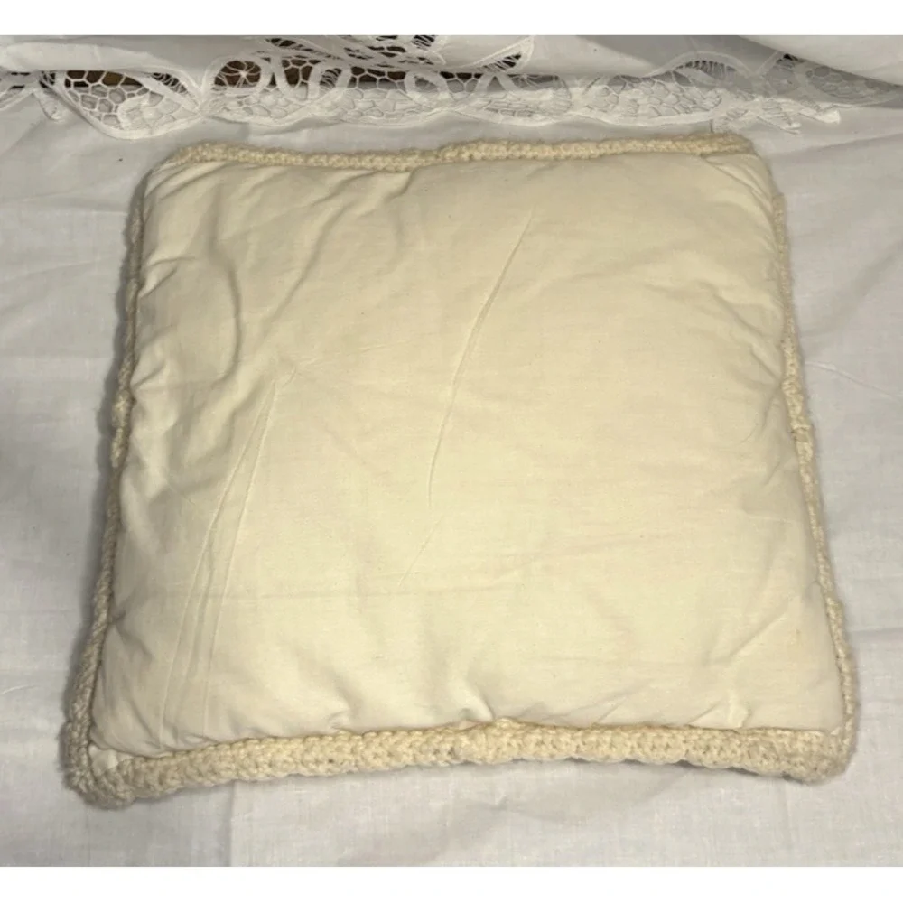 Vintage‎ Handmade Crochet Bobble Pillow Cream Wool Yarn Square Cushion 12